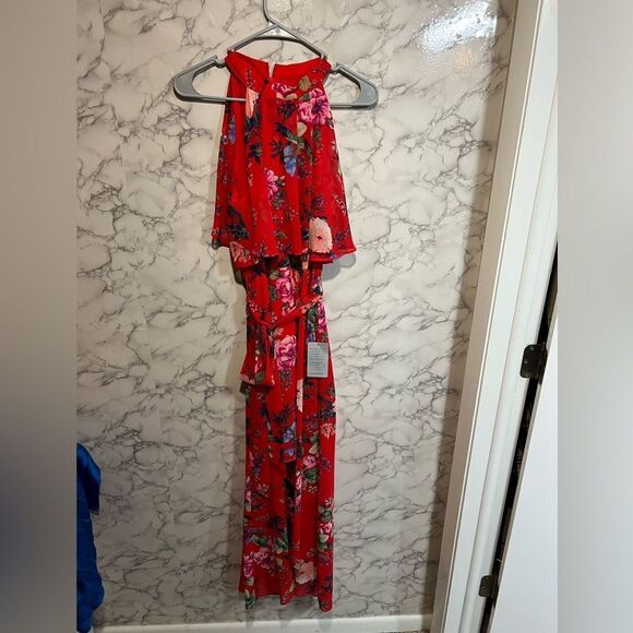 NEW ELIZA J Red Boho Floral Print Halter Popover Chiffon High Low Maxi Dress Sz8 - Picture 4 of 12